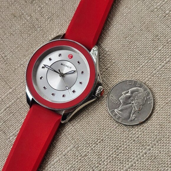 Michele Ladies Wristwatch Red Rubber Strap Analog Quartz 11 GEM Stones Watch - Picture 11 of 12